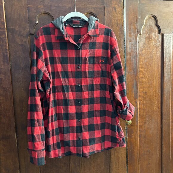 Under Armour plaid flannel shacket with grey cotton knit hood - Picture 1 of 13